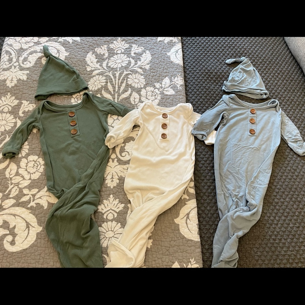 Set of three Caden Lane knotted infant gowns